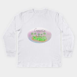 Croatia watercolor Island travel, beach, sea and palm trees. Holidays and vacation, summer and relaxation Kids Long Sleeve T-Shirt